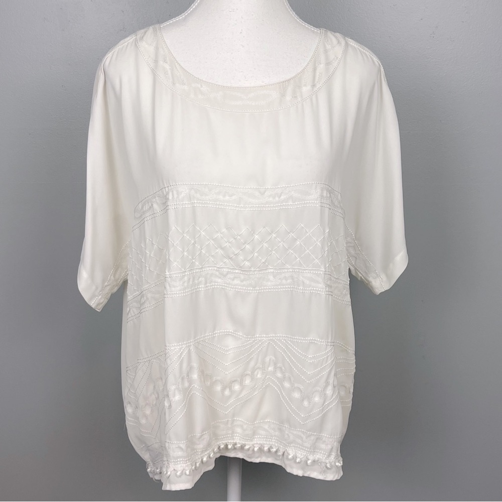 Chico’s ivory semi-sheer embroidered detail blouse top, size 2 = large/12.